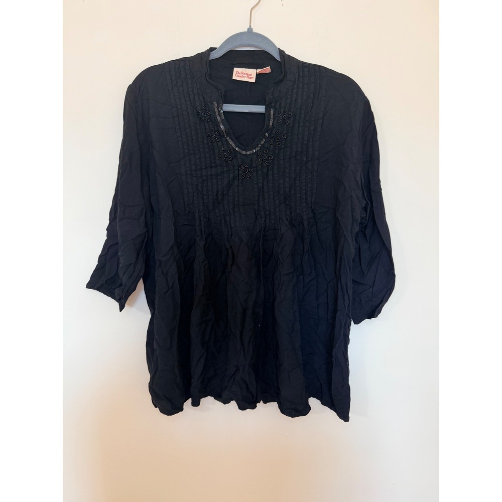Vermont Country Store Womens 1X Black Rayon Pintuck Beaded Tunic Blouse 3/4 Slv